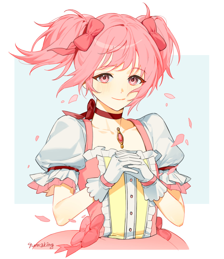 1girl, 9umaking, artist_name, border, bow, buttons, center_frills, choker, closed_mouth, collarbone, commentary, dot_nose, eyelashes, flat_chest, floating_hair, frilled_sleeves, frills, gloves, hair_ribbon, half-closed_eyes, hands_up, highres, interlocked_fingers, kaname_madoka, light_blue_background, light_blush, looking_at_viewer, mahou_shoujo_madoka_magica, outside_border, own_hands_together, petals, pink_bow, pink_eyes, pink_hair, pink_ribbon, pink_skirt, puffy_short_sleeves, puffy_sleeves, red_choker, red_ribbon, ribbon, ribbon_choker, short_sleeves, short_twintails, sidelocks, simple_background, skirt, smile, solo, soul_gem, square, symbol-only_commentary, twintails, upper_body, waist_bow, white_border, white_gloves