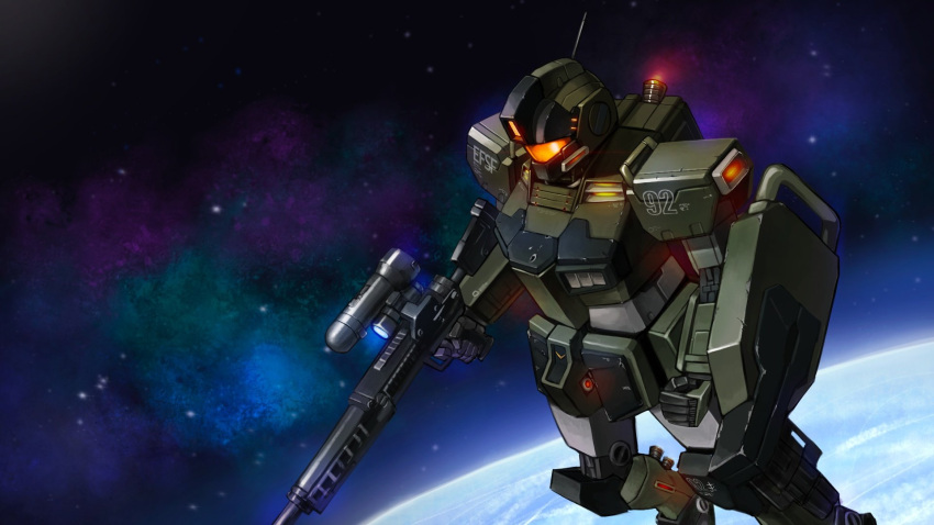 beam_rifle, clouds, earth_(planet), earth_federation, earth_federation_space_forces, energy_gun, gm_sniper_custom, gun