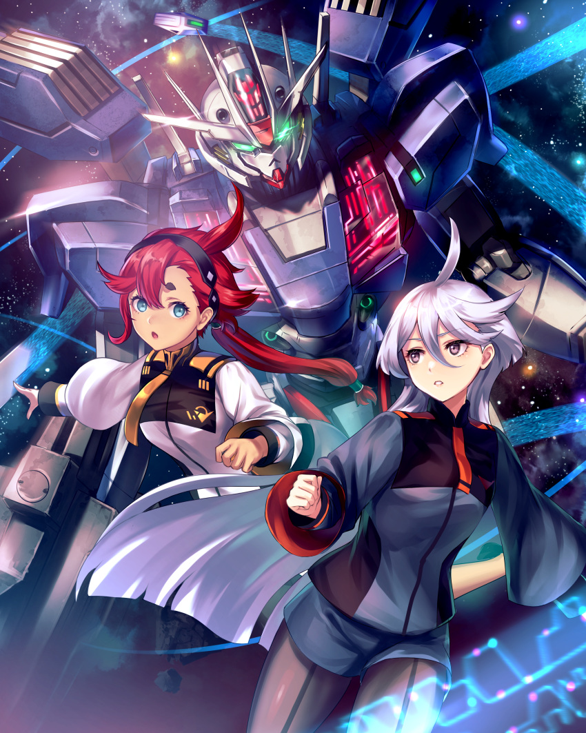 2girls, absurdres, ahoge, asticassia_school_uniform, blue_eyes, commentary_request, grey_eyes, gundam, gundam_aerial_rebuild, gundam_suisei_no_majo, gyoza_(pi512126), hairband, highres, long_hair, looking_at_another, mecha, miorine_rembran, multiple_girls, necktie, pantyhose, partial_commentary, ponytail, redhead, robot, school_uniform, shorts, space, suletta_mercury, very_long_hair, white_hair