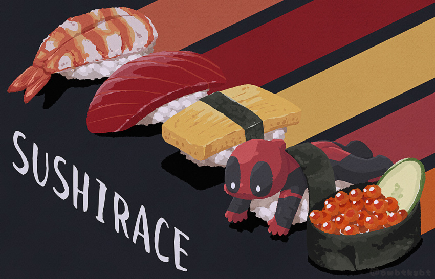 1boy, awabuta, bodysuit, chibi, commentary_request, deadpool, food, male_focus, marvel, mask, omelet, rice, sashimi, solo, superhero, sushi, tamagoyaki