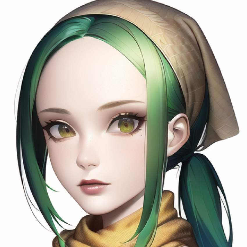 1girl, absurdres, ai-generated, asbdsenooreugyi, closed_mouth, green_eyes, green_hair, head_scarf