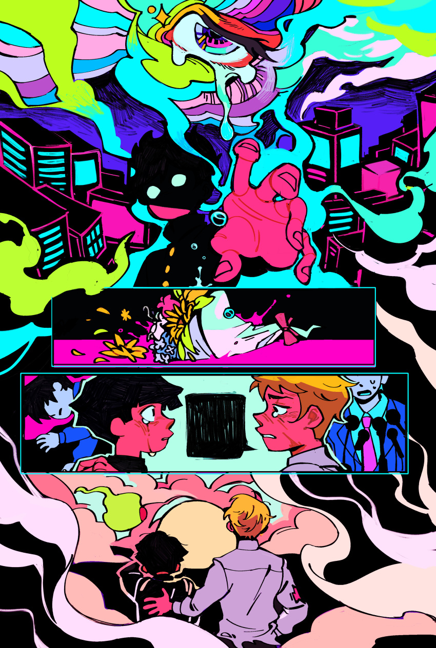 2boys, absurdres, black_hair, blank_speech_bubble, blonde_hair, bouquet, building, colorful