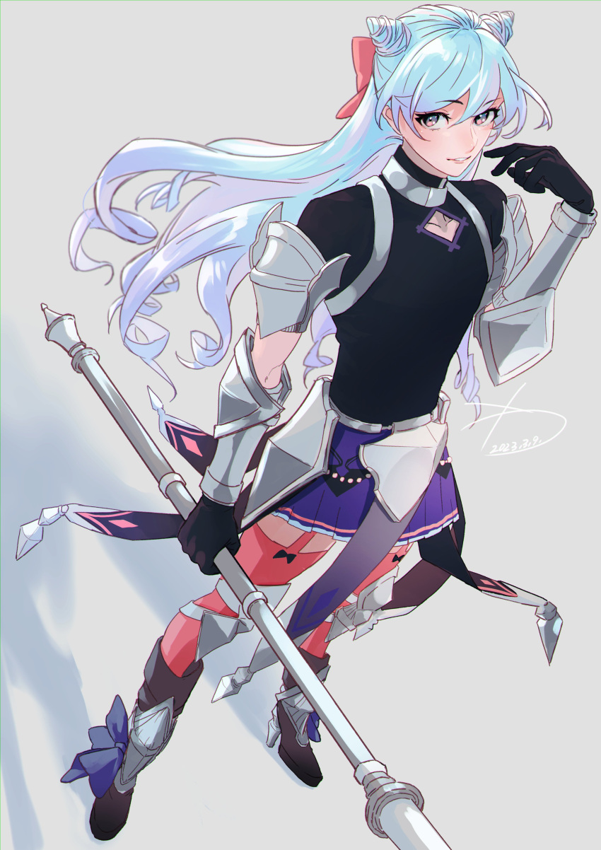 1boy, absurdres, armor, black_gloves, black_shirt, blue_hair, boots, cone_hair_bun