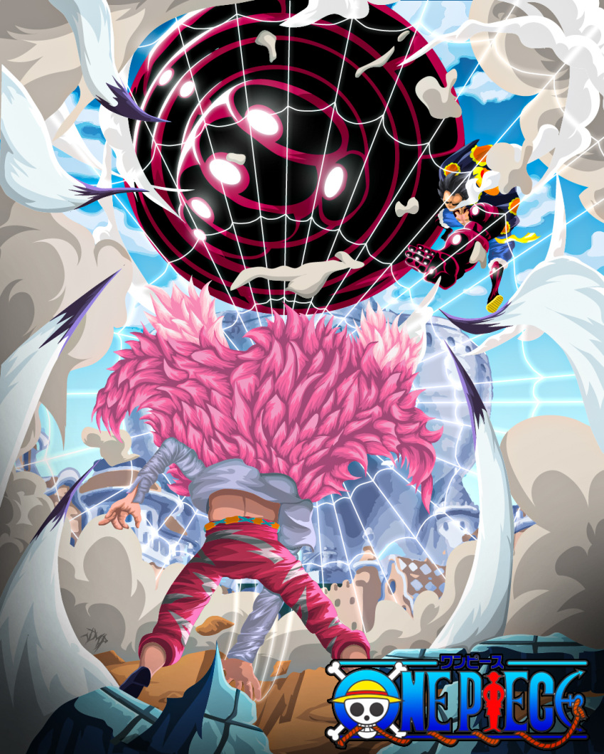 2boys, black_hair, blonde_hair, donquixote_doflamingo, feather_coat, fighting, fighting_stance, full_body
