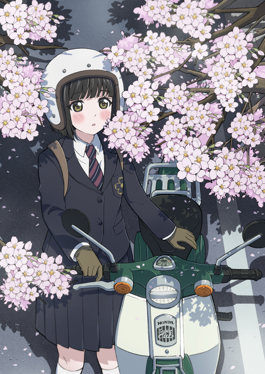 backpack, bag, black_hair, black_jacket, black_skirt, blunt_bangs, blush, brown_eyes