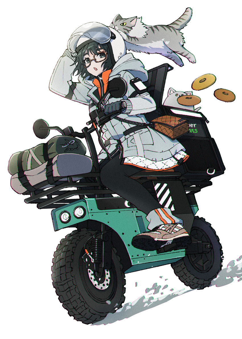 1girl, absurdres, bag, black_hair, black_panties, cat, doughnut, driving, english_commentary, food, glasses, grey_eyes, grey_jacket, handbag, helmet, highres, jacket, jose_(tkd-yk), long_sleeves, motor_vehicle, motorcycle, motorcycle_helmet, no_nose, open_mouth, original, panties, shoes, simple_background, sneakers, solo, tabby_cat, underwear, white_background, white_footwear