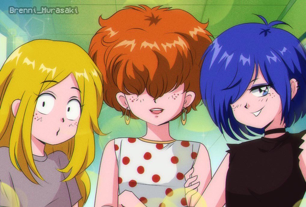 1990s_(style), 3girls, animification, artist_name, big_hair, black_choker, black_shirt, blonde_hair, blue_eyes, blue_eyeshadow, blue_hair, brenni_murasaki, choker, earrings, ed_edd_n_eddy, eyeshadow, facing_viewer, freckles, grey_shirt, hair_over_eyes, hair_over_one_eye, hoop_earrings, jewelry, lee_kanker, long_hair, looking_at_viewer, makeup, marie_kanker, may_kanker, multiple_girls, open_mouth, orange_hair, polka_dot, polka_dot_shirt, retro_artstyle, shirt, short_sleeves, siblings, sisters, sleeveless, sleeveless_shirt, smile, smirk, white_shirt, wide-eyed
