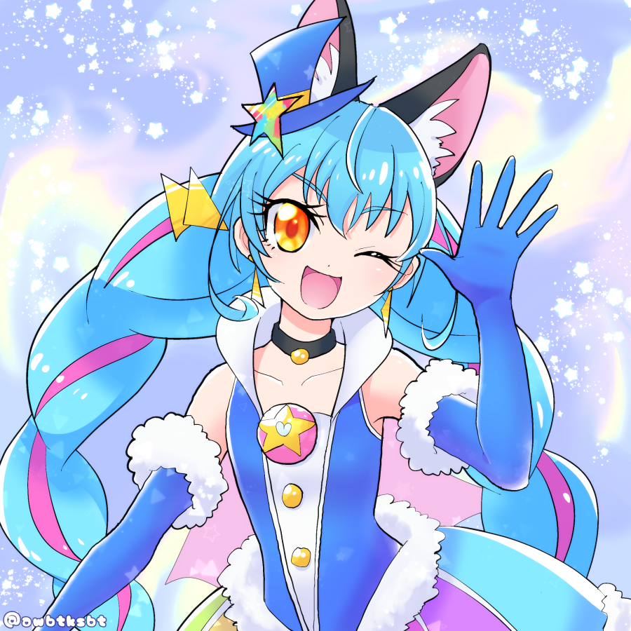 1girl, animal_ears, awabuta, black_collar, blue_gloves, blue_hair, braid, cat_ears