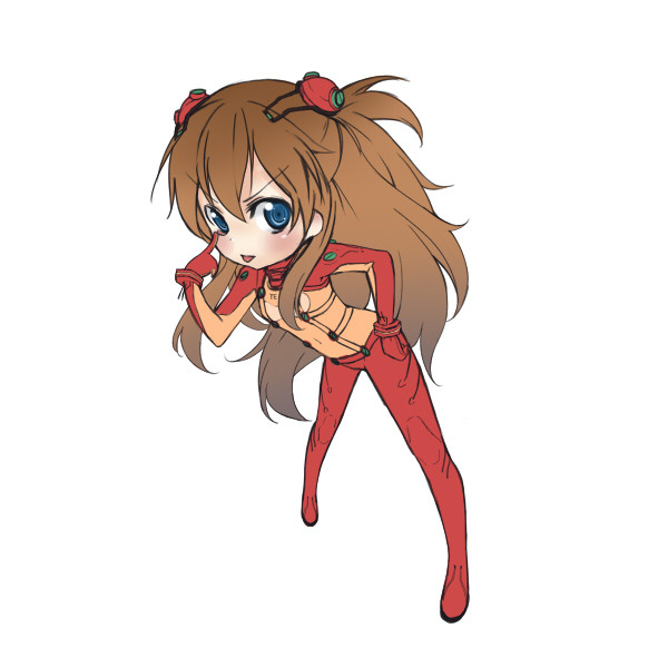 blue_eyes, bodysuit, brown_hair, evangelion:_2.0_you_can_(not)_advance, eyelid_pull, french_maid, hand_on_hip, leaning_forward