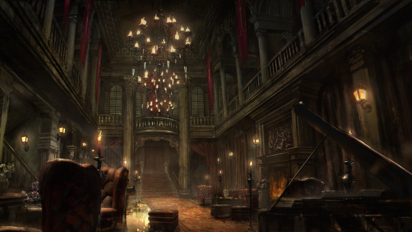 absurdres, banister, banner, candlestand, chair, chandelier, chinese_commentary, commentary_request