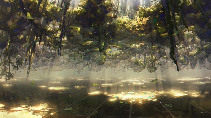 absurdres, chinese_commentary, commentary_request, cyberspace, falling_leaves, forest, game_cg, girls_frontline