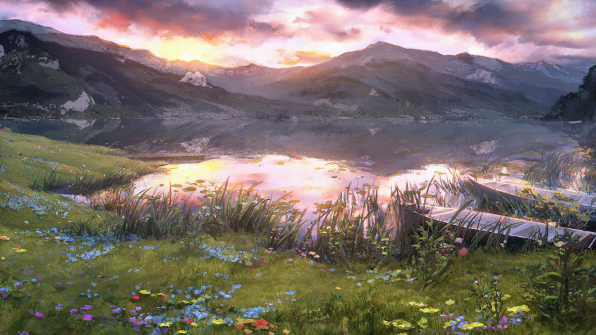 absurdres, blue_flower, boat, chinese_commentary, clouds, cloudy_sky, commentary_request, flower