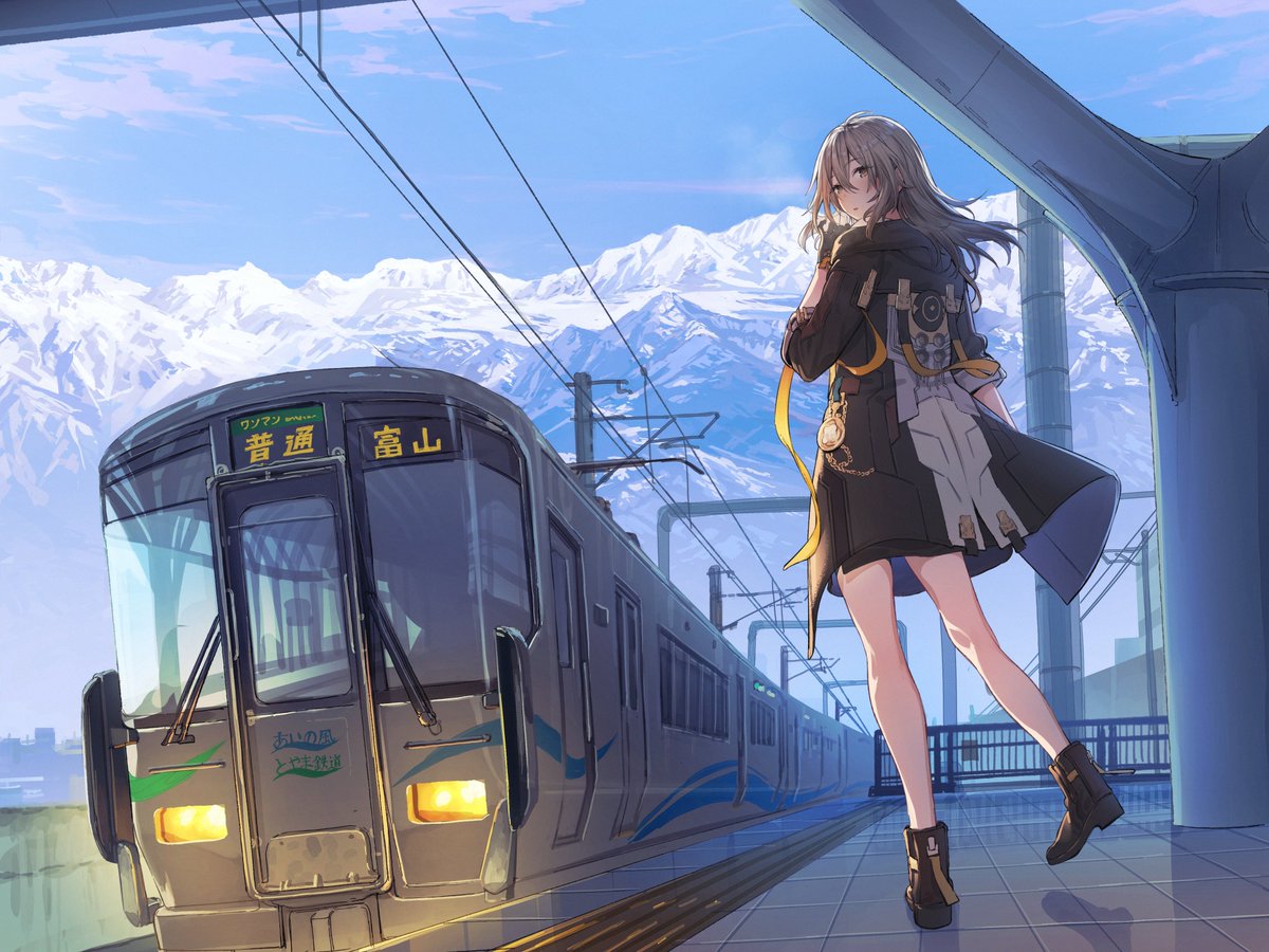 1girl, bare_legs, black_coat, black_footwear, black_gloves, black_sleeves, clouds, coat