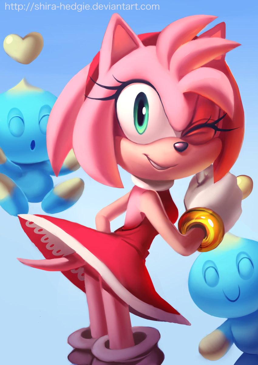 1girl, amy_rose, blue_background, chao_(sonic), deviantart_username, dress, gloves, green_eyes