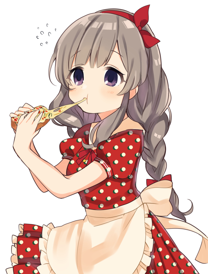 1girl, apron, blush, braid, breasts, caracorn, dress, eating