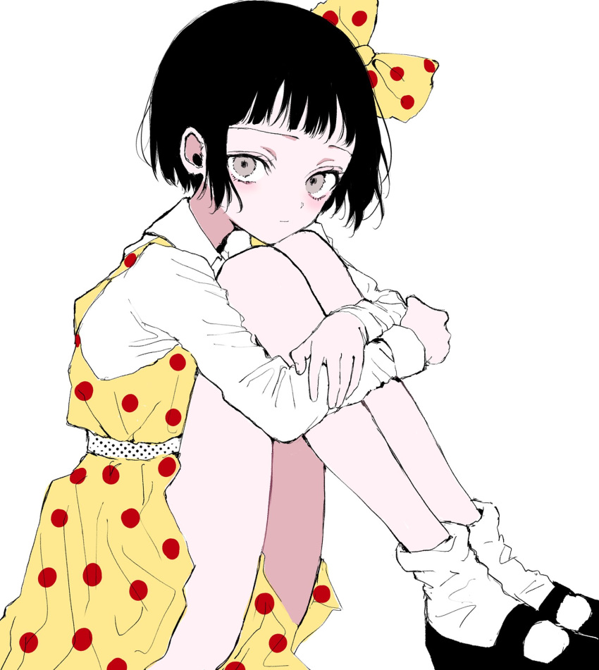 1girl, black_footwear, black_hair, blush, bow, collared_shirt, dress, expressionless