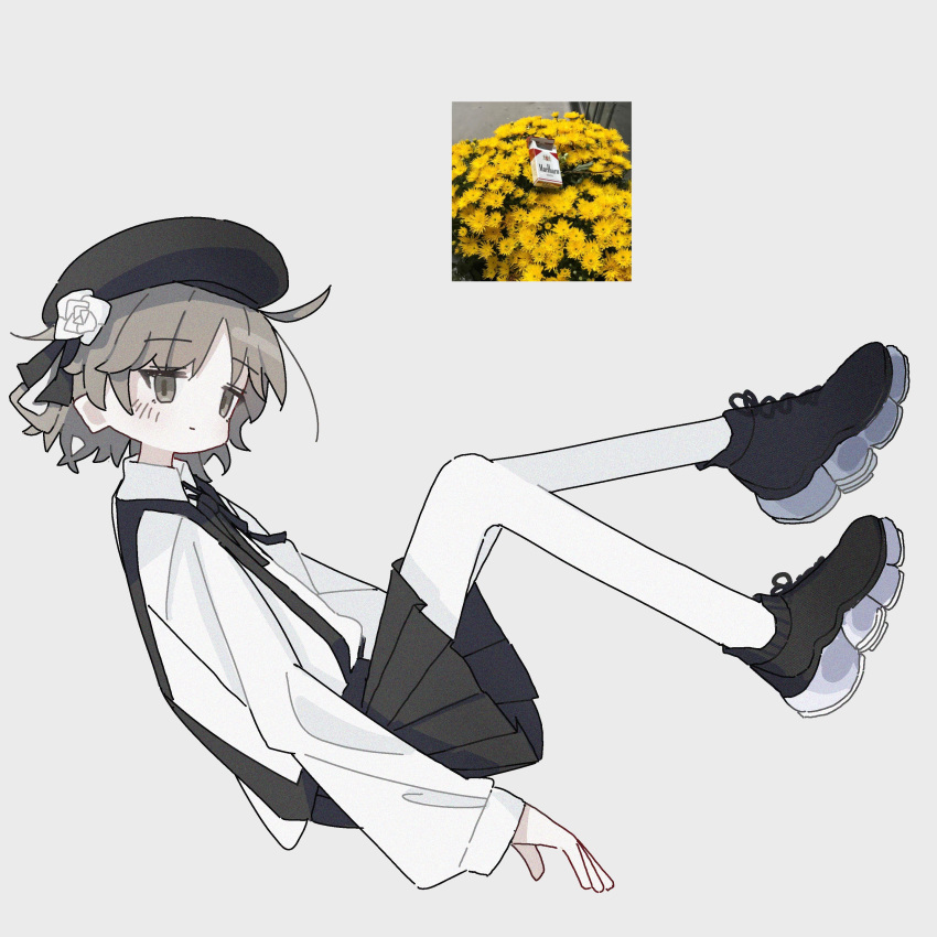 1girl, absurdres, ahoge, beret, black_headwear, black_ribbon, black_skirt, brown_eyes, cigarette_pack, expressionless, feet_up, fertilizerrrr, flower, from_side, hair_ribbon, hat, hatoba_tsugu, highres, invisible_chair, light_brown_hair, long_sleeves, looking_at_viewer, looking_to_the_side, neck_ribbon, pantyhose, photo_inset, platform_footwear, pleated_skirt, raised_eyebrows, reclining, ribbon, rose, shirt, shirt_tucked_in, shoes, short_hair, single_hair_ring, sitting, skirt, sneakers, solo, suspender_skirt, suspenders, tsugu_(vtuber), virtual_youtuber, white_flower, white_pantyhose, white_rose, white_shirt, yellow_flower