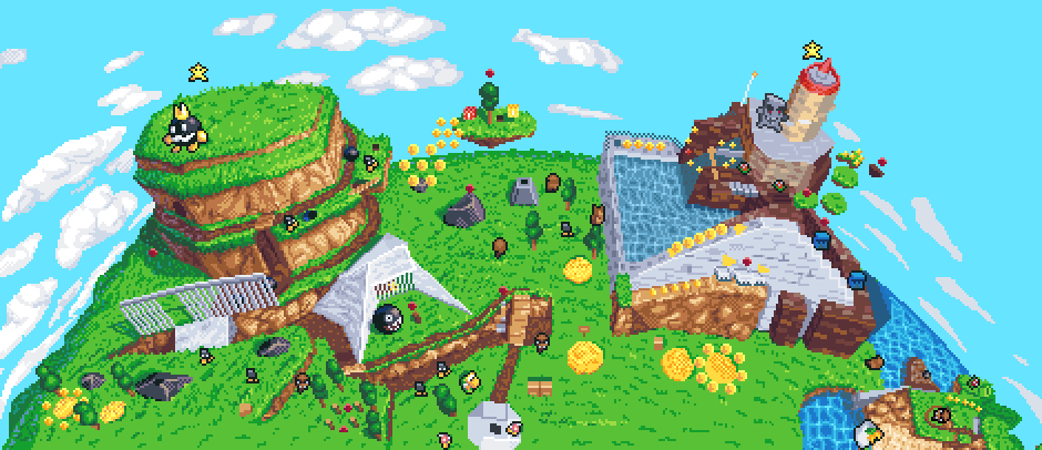 animated, animated_gif, blue_sky, bob-omb_buddy, chain_chomp, clouds, coin, day