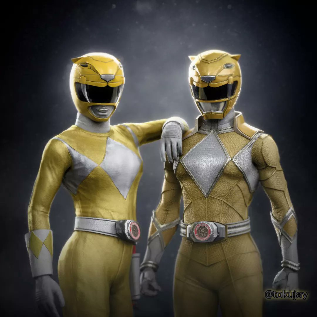 2girls, 3d, arm_on_shoulder, armor, belt, bodysuit, gloves, helmet, mighty_morphin_power_rangers, mighty_morphin_power_rangers:_once_&amp;_always, minh_kwan, mother_and_daughter, multiple_girls, power_rangers, redesign, sabertooth_cat, side-by-side, standing, tokujay, tokusatsu, trini_kwan, twitter_username, watermark, white_gloves, yellow_bodysuit, yellow_headwear, yellow_ranger