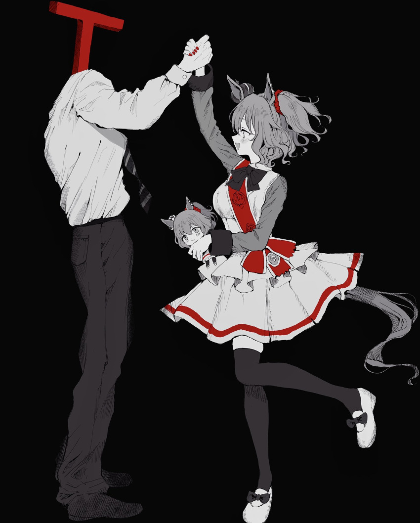 1boy, 1girl, animal_ears, aston_machan_(umamusume), black_background, bow, bowtie, character_doll