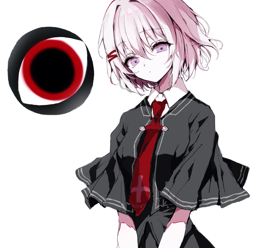 1girl, black_capelet, capelet, collared_shirt, creature, expressionless, eyeball, hair_between_eyes