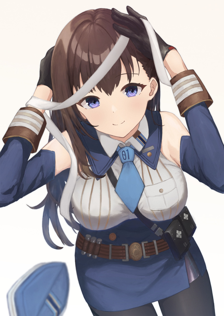1girl, bandages, belt_pouch, between_breasts, black_gloves, blue_headwear, blue_necktie, blue_ribbon