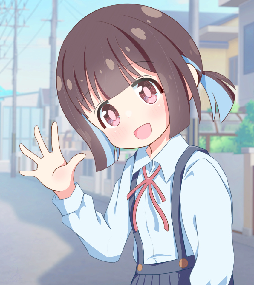 1girl, :d, beenyan_1203, black_skirt, blue_hair, blunt_bangs, blunt_ends, brown_eyes