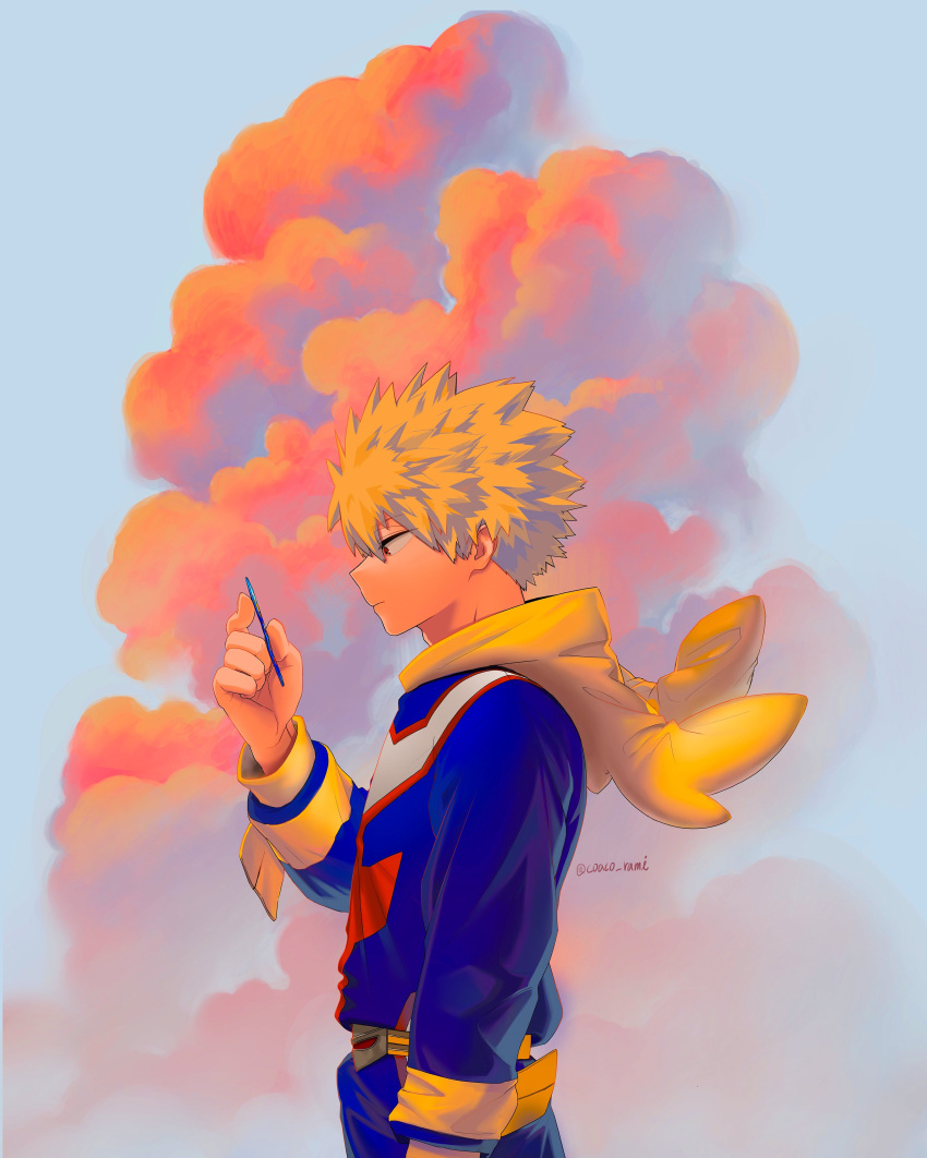 1boy, absurdres, arm_at_side, bakugou_katsuki, blonde_hair, blue_sky, boku_no_hero_academia, card