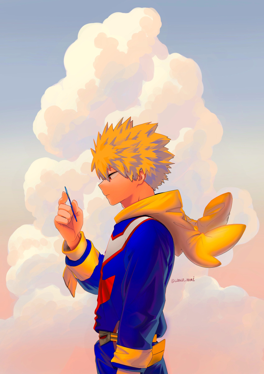 1boy, absurdres, all_might, arm_at_side, bakugou_katsuki, belt, blonde_hair, blue_sky, boku_no_hero_academia, card, character_hood, closed_mouth, clouds, cloudy_sky, coaco_rami, commentary_request, cumulonimbus_cloud, eyes_visible_through_hair, floating_clothes, floating_hair, from_side, gradient_sky, grey_sky, hand_up, highres, holding, holding_card, hood, hood_down, korean_commentary, long_sleeves, male_focus, onesie, orange_sky, profile, red_eyes, short_hair, sky, sky_background, solo, spiky_hair, spoilers, trading_card, twitter_username, upper_body, wind