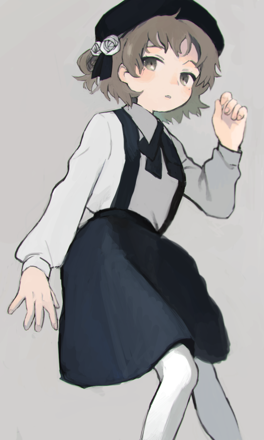 1girl, beret, black_headwear, black_ribbon, black_skirt, collared_shirt, commentary, feet_out_of_frame
