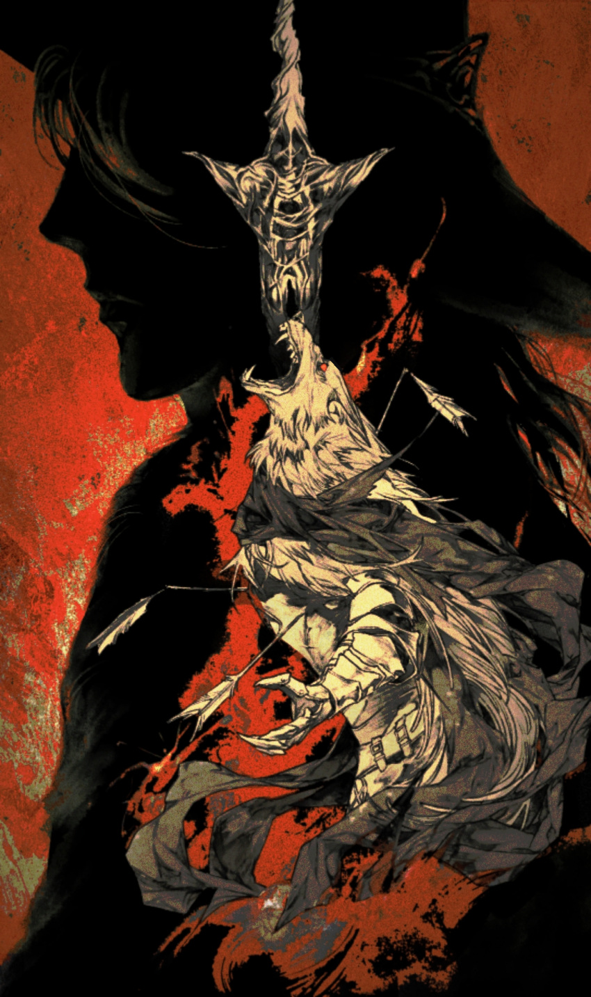 1boy, 1girl, angry, armor, arrow_(projectile), arrow_in_body, blaidd_the_half-wolf, blank_eyes, breastplate, cape, commentary, cowboy_shot, elden_ring, english_commentary, fangs, from_side, furious, furry, furry_male, gauntlets, high_contrast, highres, limited_palette, looking_up, megasus, open_mouth, profile, ranni_the_witch, red_background, red_eyes, silhouette, sword, teeth, torn_cape, torn_clothes, weapon