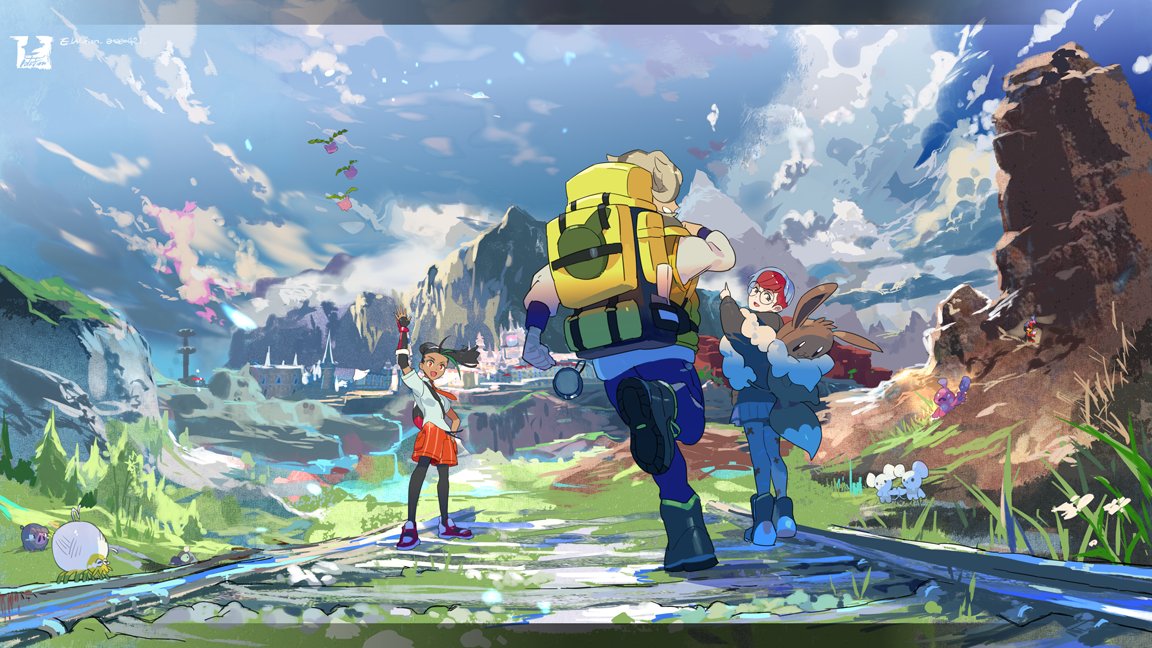 1boy, 2girls, arm_up, arven_(pokemon), backpack, bag, black_hair, black_pantyhose