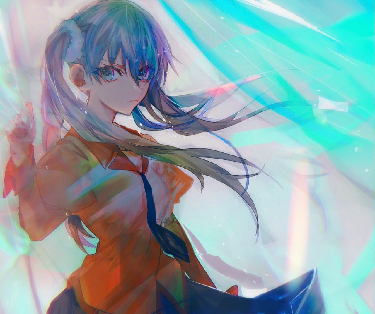 1girl, blue_necktie, blue_skirt, breasts, closed_mouth, collared_shirt, cowboy_shot, curtains