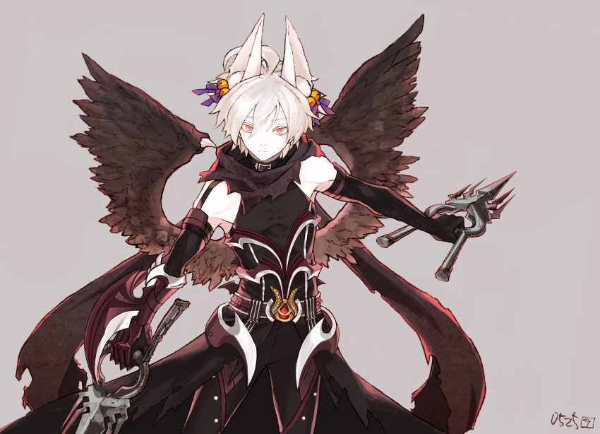 1boy, ahoge, animal_ear_fluff, animal_ears, arm_blade, bell, black_cape, black_gloves, black_pants, black_shirt, black_wings, bow, cape, closed_mouth, commentary_request, cowboy_shot, dagger, elbow_gloves, expressionless, feathered_wings, fox_ears, gauntlets, gloves, grey_background, guillotine_cross_(ragnarok_online), hair_bell, hair_between_eyes, hair_bow, hair_ornament, highres, holding, holding_dagger, holding_knife, holding_weapon, jamadhar, jingle_bell, knife, kusabi_(aighe), long_bangs, looking_at_viewer, male_focus, multiple_hair_bows, official_alternate_costume, orange_eyes, pants, purple_bow, ragnarok_online, red_armor, scarf, shirt, short_hair, simple_background, sleeveless, sleeveless_shirt, solo, torn_cape, torn_clothes, torn_scarf, waist_cape, weapon, white_hair, wings