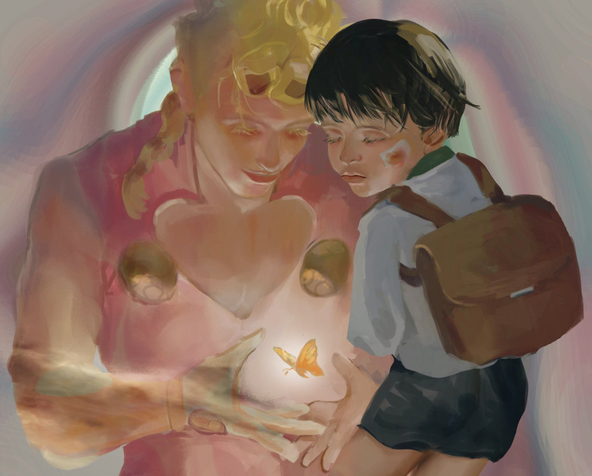 2boys, aged_down, backpack, bag, bandage_on_face, bandages, black_hair, blonde_hair