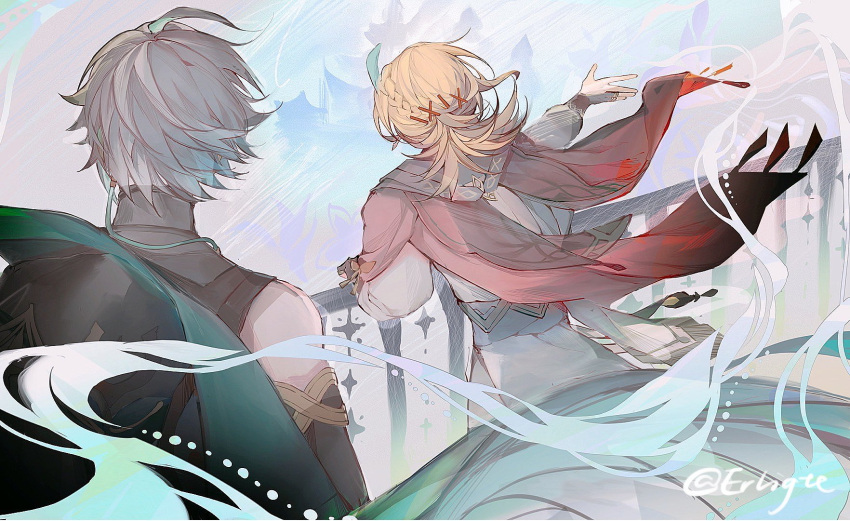 2boys, ahoge, alhaitham_(genshin_impact), arm_up, artist_name, back, bare_shoulders, belt, black_shirt, blonde_hair, blue_cape, blue_hair, braid, bridge, cape, erligte, feather_hair_ornament, feathers, genshin_impact, gloves, grey_gloves, grey_hair, hair_ornament, hands_up, highres, jewelry, kaveh_(genshin_impact), long_sleeves, male_focus, medium_hair, multicolored_hair, multiple_boys, puffy_long_sleeves, puffy_sleeves, purple_belt, red_cape, ring, shirt, short_hair, sleeveless, sleeveless_shirt, standing, two-tone_hair, white_shirt, x_hair_ornament