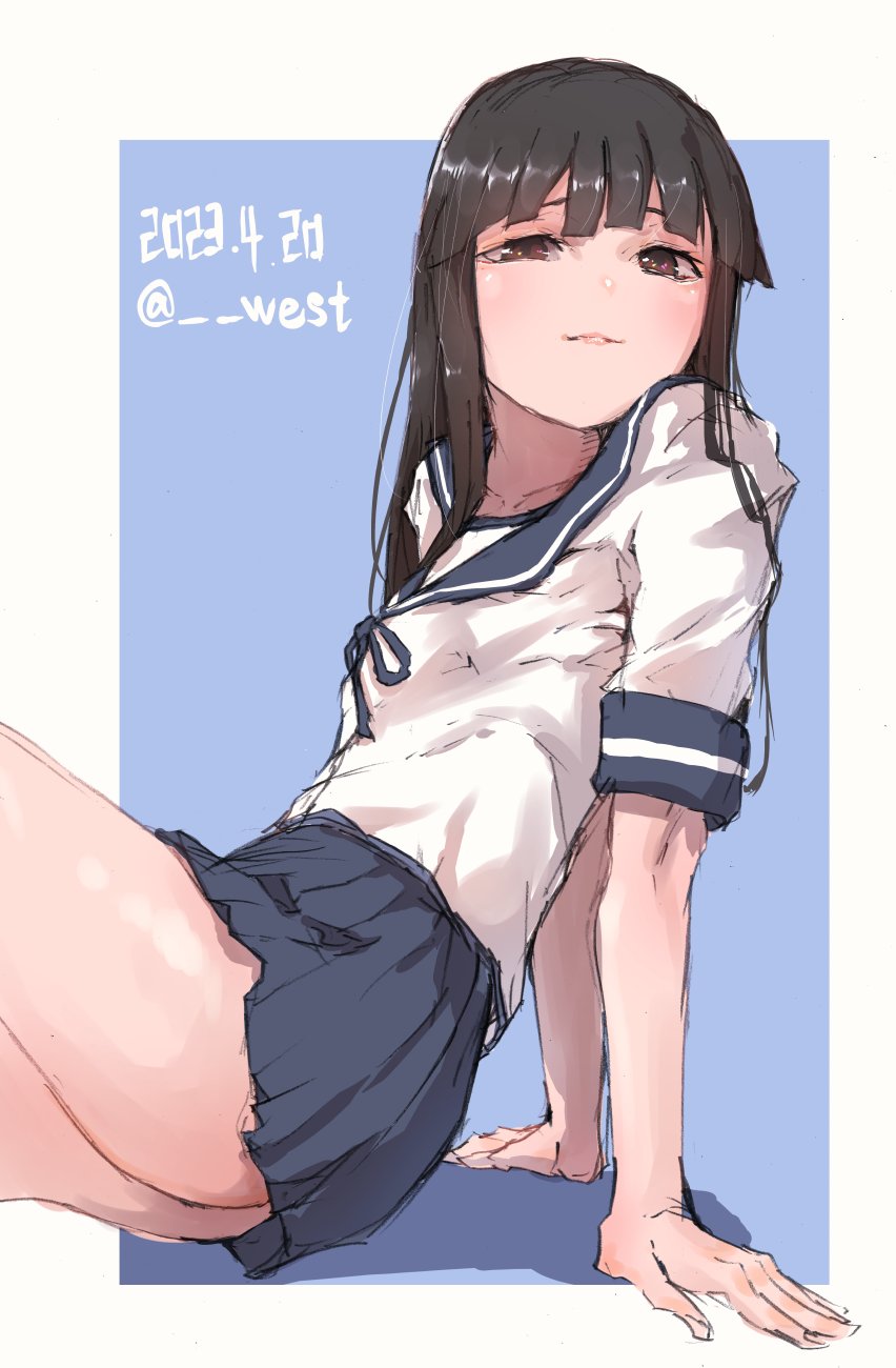 1girl, black_hair, blue_sailor_collar, blue_skirt, blunt_bangs, brown_eyes, cowboy_shot, dated