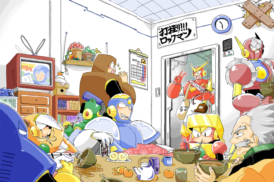 ._., 6+boys, air_man, bald, bubble_man, clock, commentary_request, covered_mouth, crash_man, dr._wily_(mega_man), eating, facial_hair, flash_man, food, grey_hair, harvest88, heat_man, indoors, kotatsu, male_focus, mega_man_(character), mega_man_(classic), mega_man_(series), mega_man_2, metal_man, multiple_boys, mustache, noodles, old, old_man, quick_man, sitting, table, teapot, television, trophy, under_kotatsu, under_table, wall_clock, wood_man