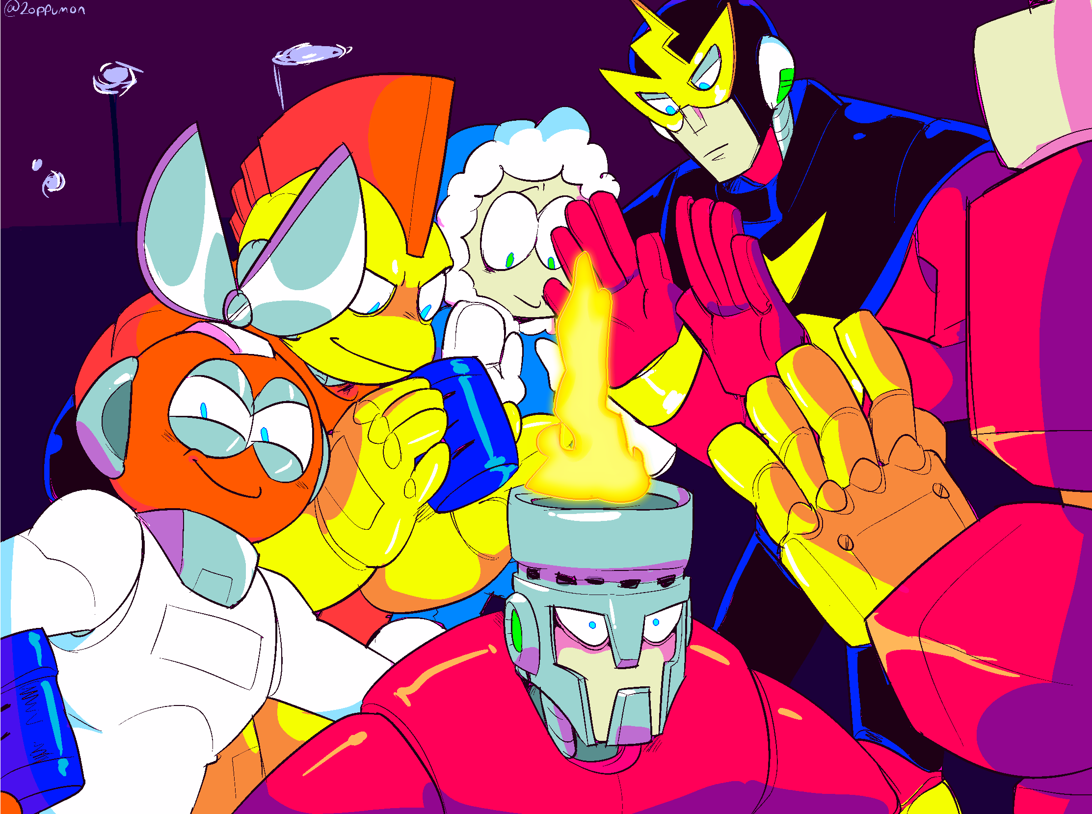 6+boys, blue_eyes, bomb_man, cut_man, elec_man, english_commentary, fire, fire_man, grin, guts_man, gutsman, highres, ice_man, looking_at_viewer, male_focus, mega_man_(classic), mega_man_(series), mega_man_1, multiple_boys, out_of_frame, prince_(uurw4387), smile, smug, warming_hands