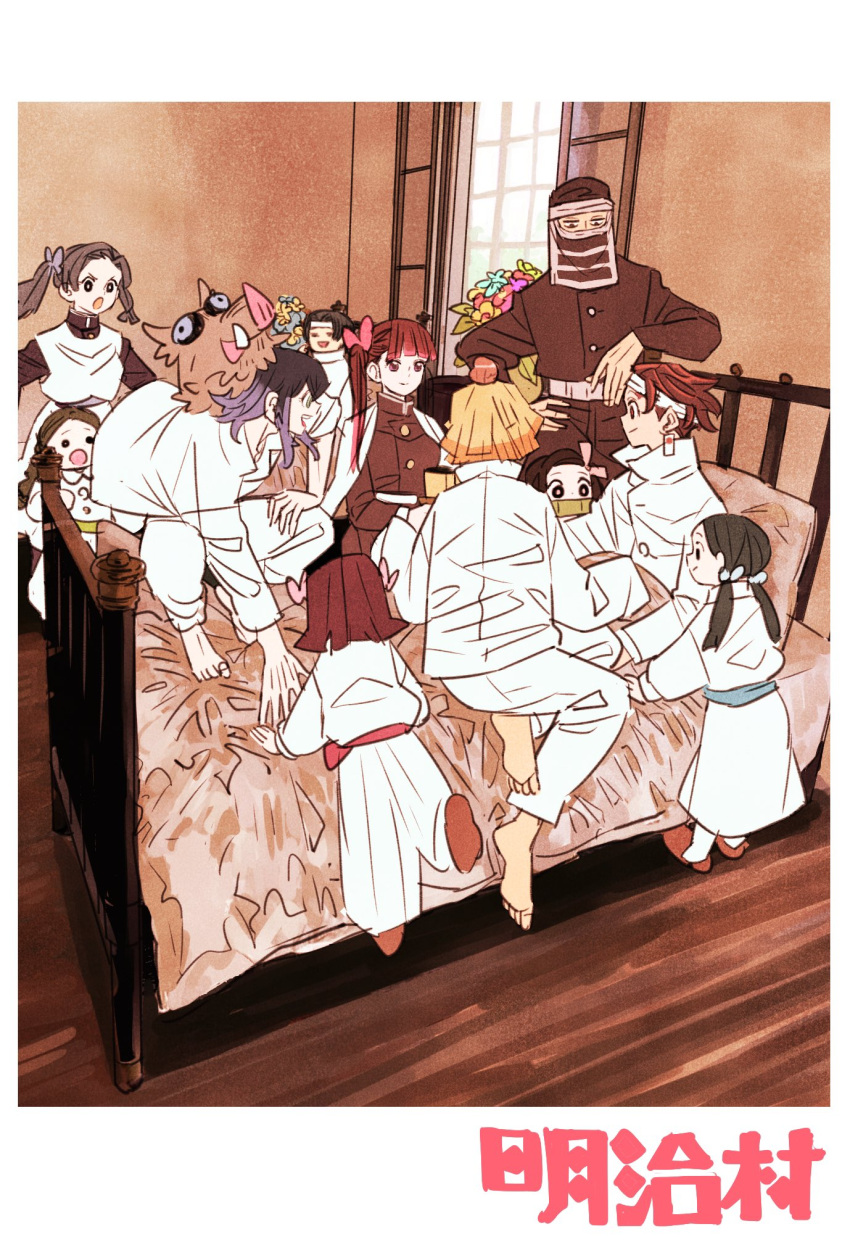 5boys, 6+girls, agatsuma_zenitsu, animal_print, bandages, barefoot, black_hair, blonde_hair