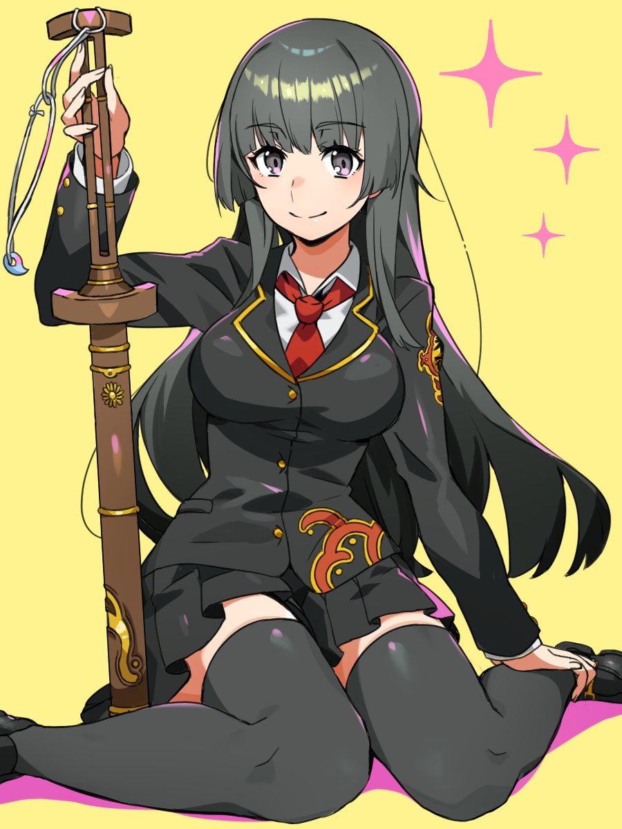 1girl, black_eyes, black_hair, black_thighhighs, blunt_bangs, breasts, closed_mouth, collared_shirt, colored_shadow, commentary, feet_out_of_frame, highres, holding, holding_sword, holding_weapon, loafers, long_hair, magatama, medium_breasts, necktie, nizitarosan, pleated_skirt, protagonist_2_(housamo), red_necktie, school_uniform, shadow, shirt, shoes, simple_background, sitting, skirt, smile, solo, sparkle, sword, thigh-highs, tokyo_afterschool_summoners, wariza, weapon, yellow_background