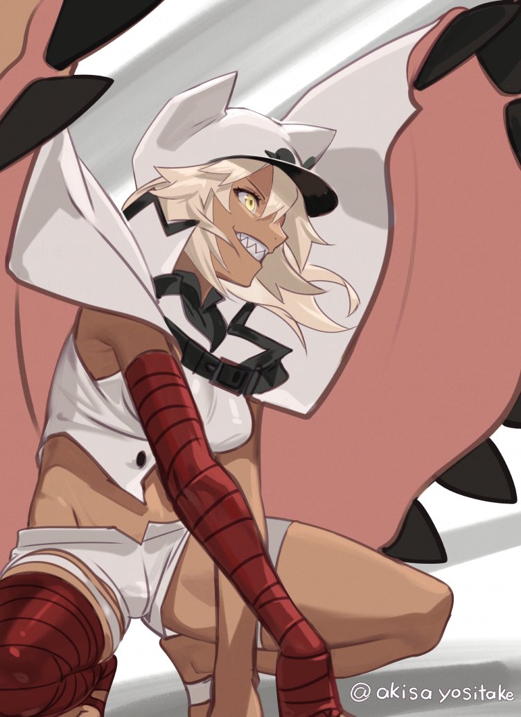 1girl, akisa_yositake, bandaged_arm, bandages, blonde_hair, breasts, dark-skinned_female, dark_skin