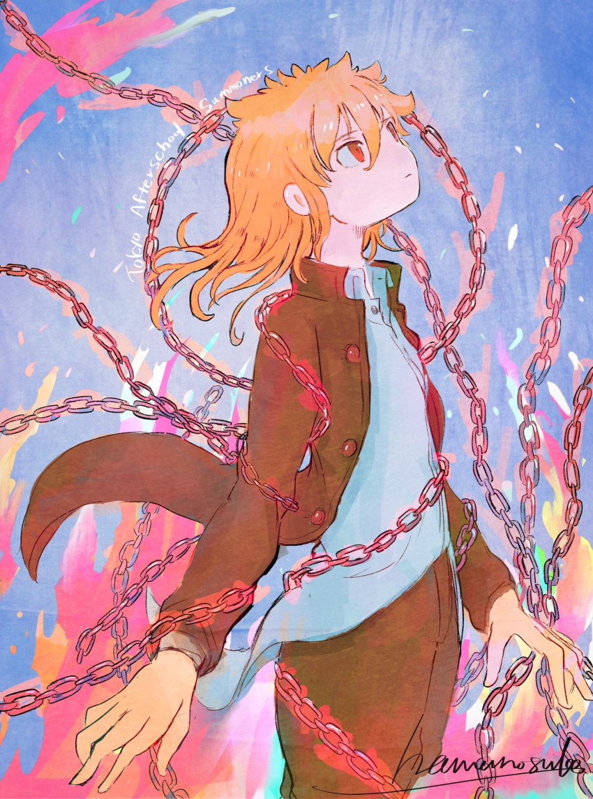 1other, arc_(housamo), artist_name, blonde_hair, blue_background, chain, closed_mouth, collared_shirt