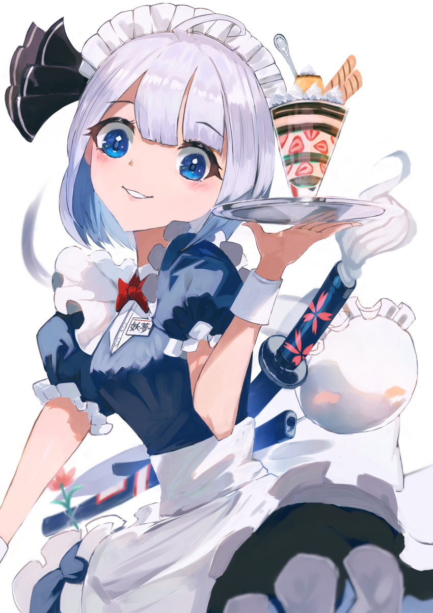 absurdres, apron, blue_eyes, blue_shirt, bow, bowtie, frilled_skirt, frills