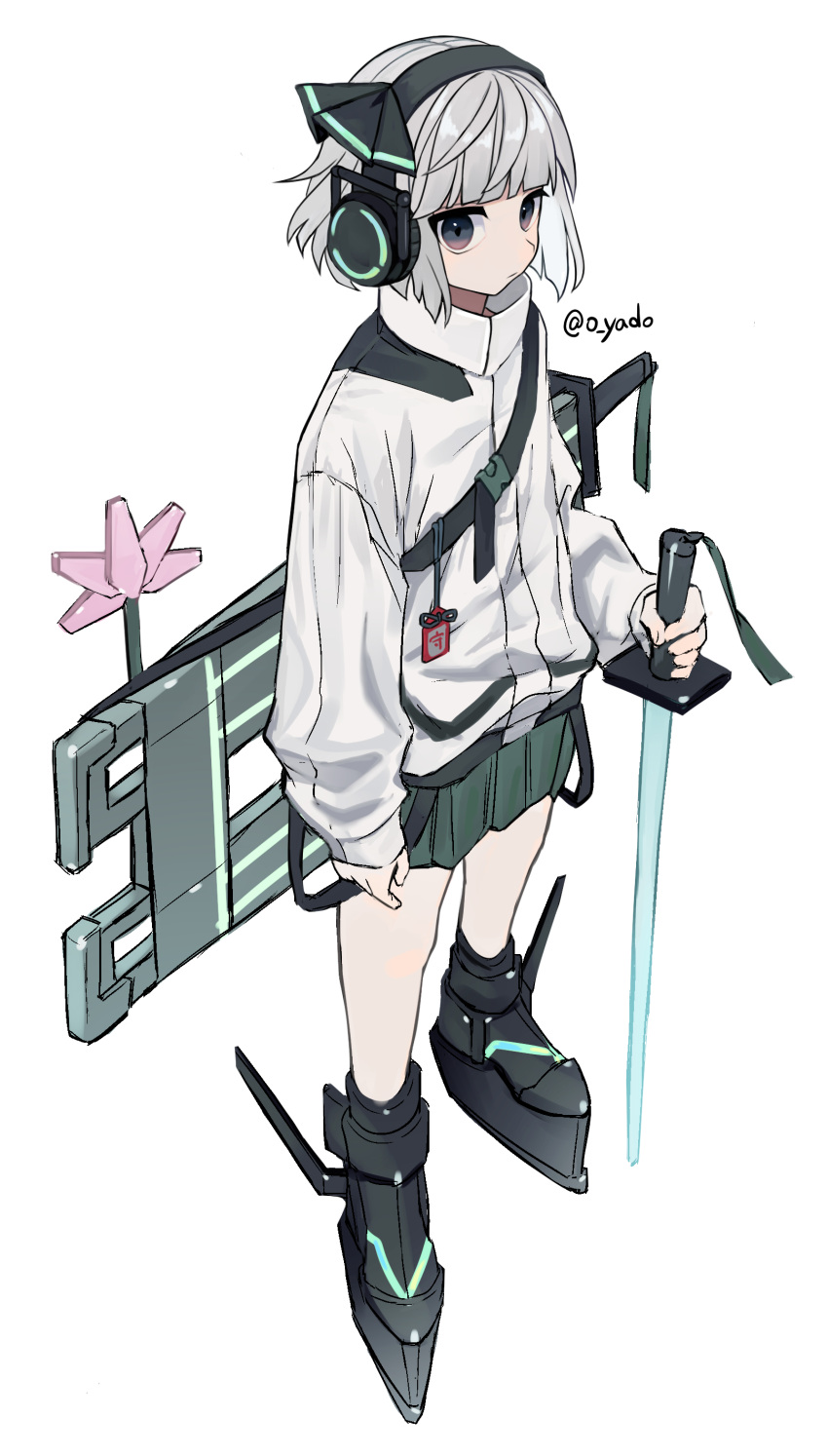 :|, absurdres, black_headband, blue_eyes, closed_mouth, coat, energy_sword, green_skirt, grey_coat, headband, headset, highres, holding, holding_weapon, konpaku_youmu, konpaku_youmu_(lunar_war_gardener), long_sleeves, mechanical_shoes, sheath, short_hair, skirt, sword, touhou, touhou_lost_word, twitter_username, weapon, white_hair, yadoyuki