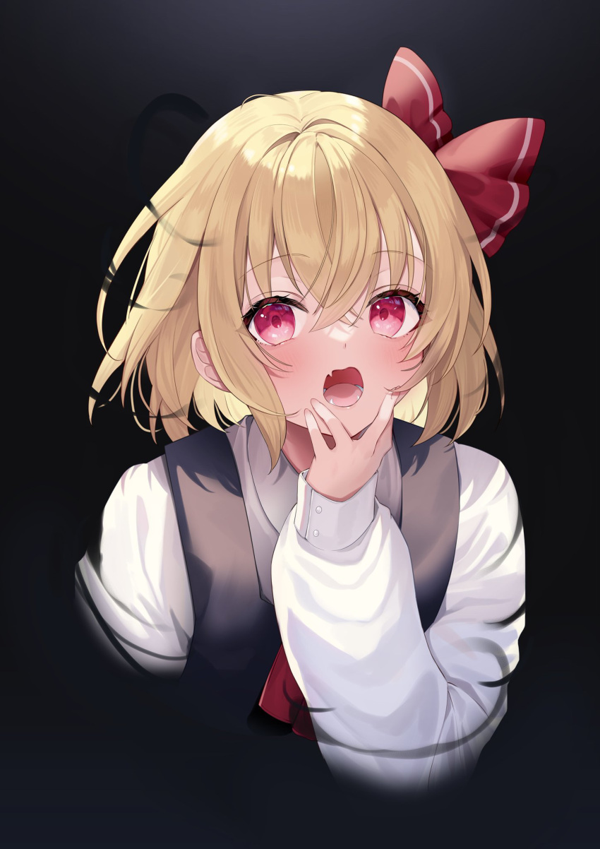 1girl, black_vest, blonde_hair, blush, collared_shirt, darkness, fang, hair_between_eyes