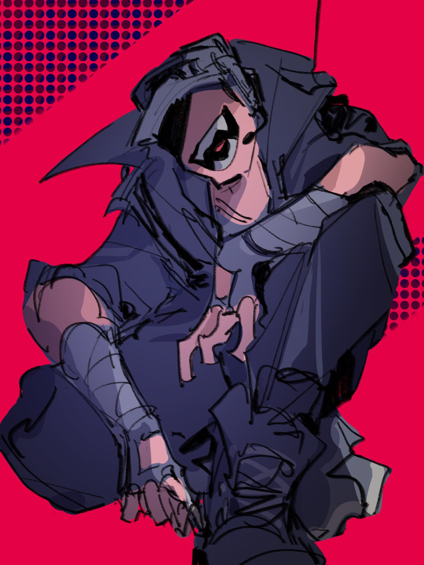 1boy, bandaged_arm, bandages, black_footwear, black_jacket, black_pants, boots, chinese_commentary