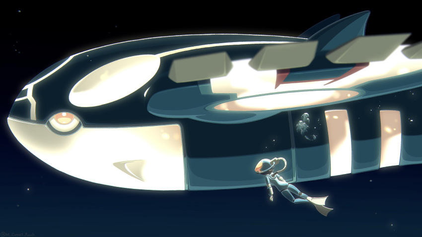 1other, absurdres, air_bubble, bodysuit, bright_pupils, bubble, closed_mouth, commentary_request, flippers, from_side, glowing, helmet, highres, komepan, kyogre, orange_eyes, pokemon, pokemon_(creature), primal_kyogre, underwater, wetsuit, white_pupils