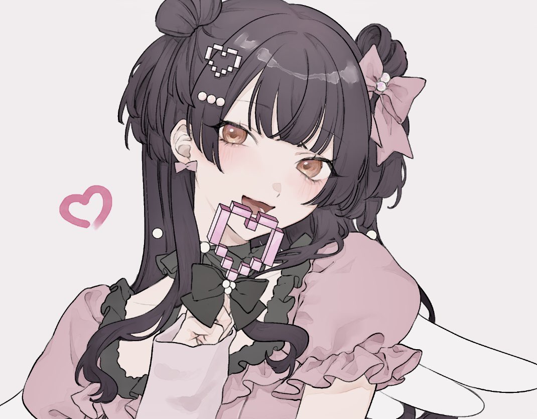 1girl, black_hair, blush, brown_eyes, collarbone, double_bun, dress, eyelashes