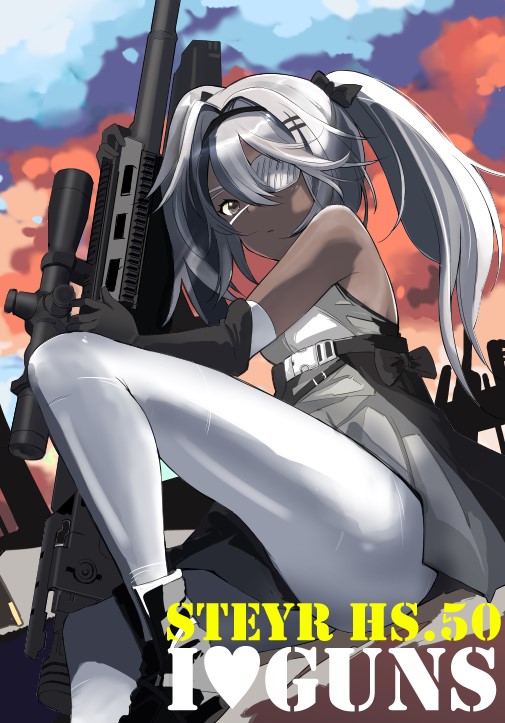 1girl, anti-materiel_rifle, brown_eyes, character_name, dark-skinned_female, dark_skin, english_text, eyepatch